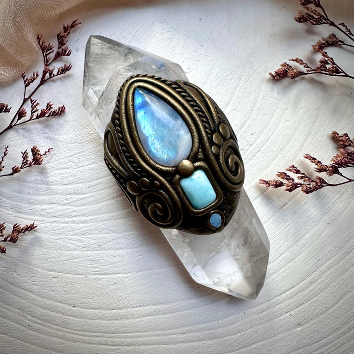 Double Terminated Clear Quartz with Rainbow Moonstone Larimar and Australian Opal Wand - FairyGardenGlow