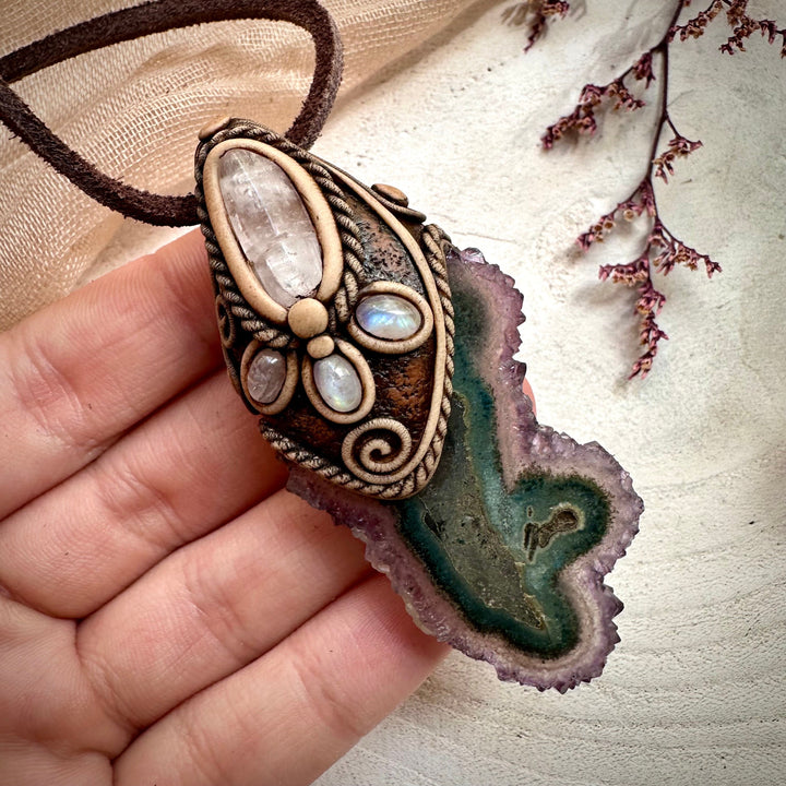 Amethyst Stalactite with Kunzite and Moonstone Necklace - FairyGardenGlow