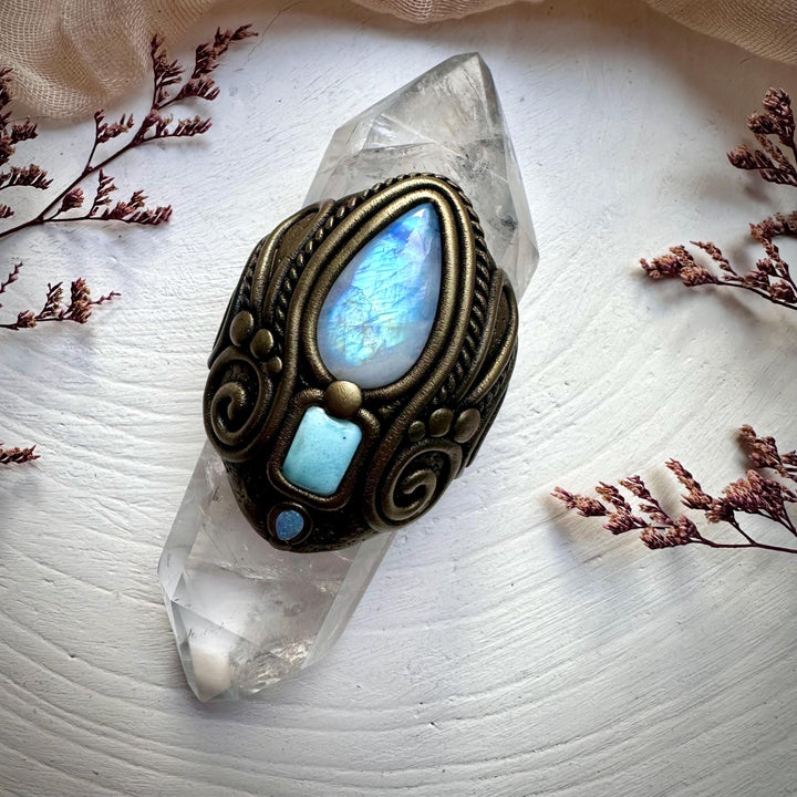 Double Terminated Clear Quartz with Rainbow Moonstone Larimar and Australian Opal Wand - FairyGardenGlow