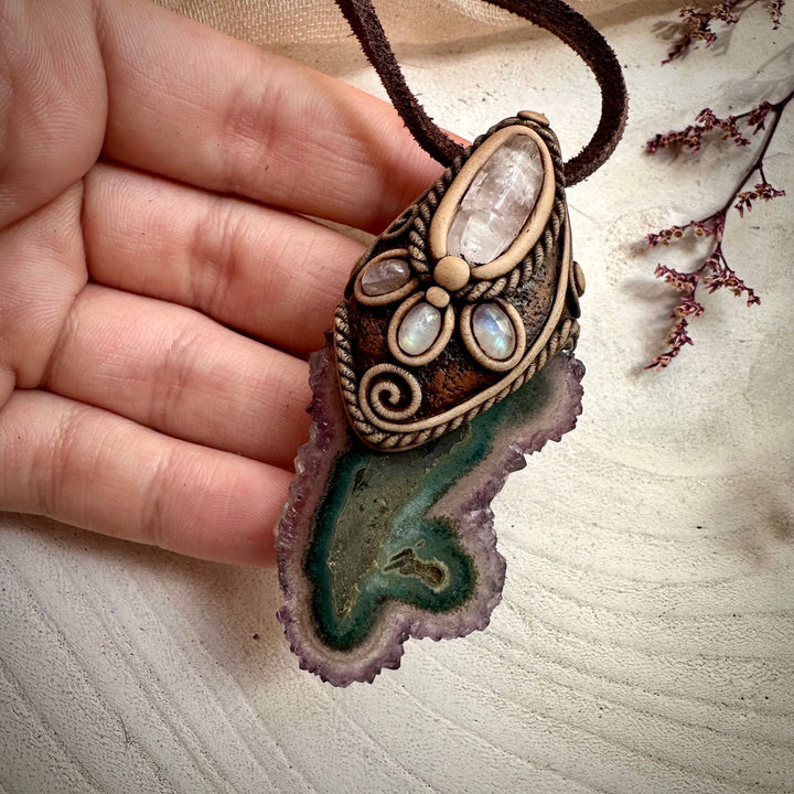 Amethyst Stalactite with Kunzite and Moonstone Necklace - FairyGardenGlow