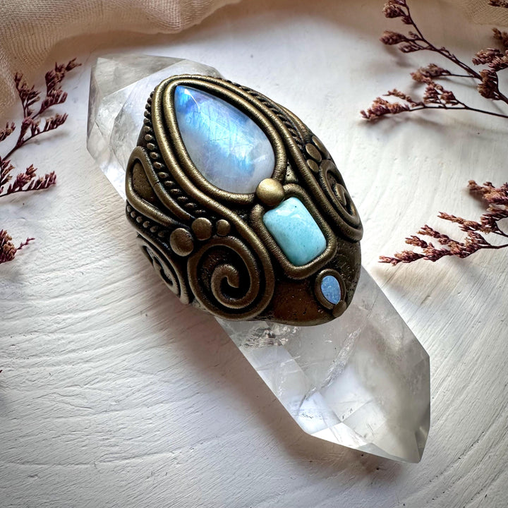 Double Terminated Clear Quartz with Rainbow Moonstone Larimar and Australian Opal Wand - FairyGardenGlow