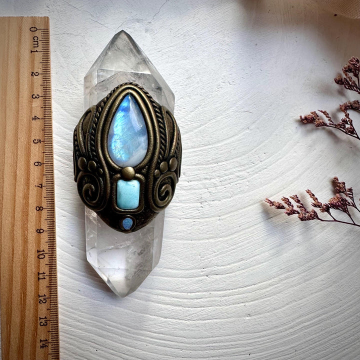 Double Terminated Clear Quartz with Rainbow Moonstone Larimar and Australian Opal Wand - FairyGardenGlow