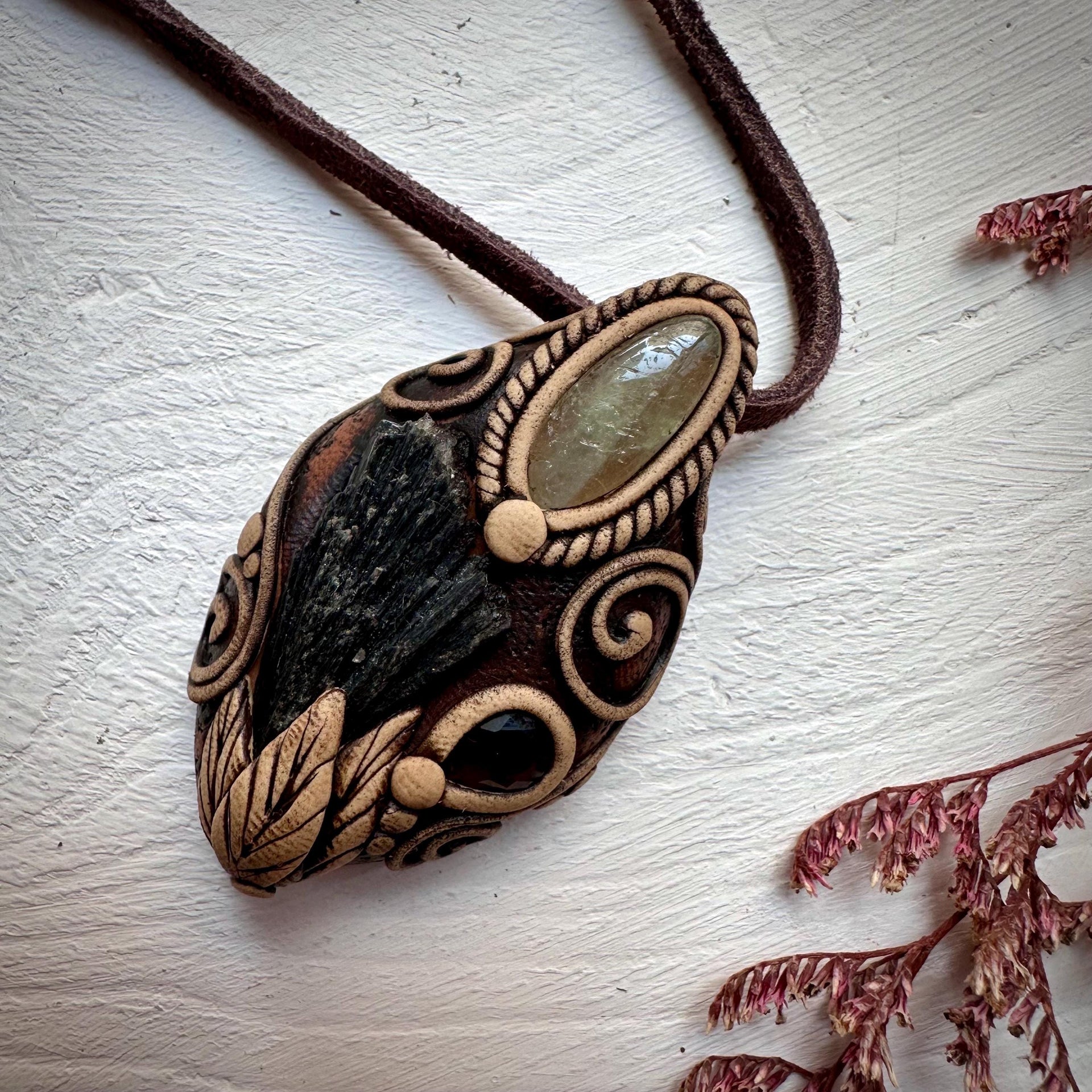 Black Kyanite Green Kunzite and Smoky Quartz Pendant - FairyGardenGlow