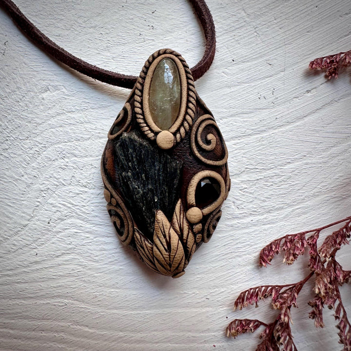 Black Kyanite Green Kunzite and Smoky Quartz Pendant - FairyGardenGlow