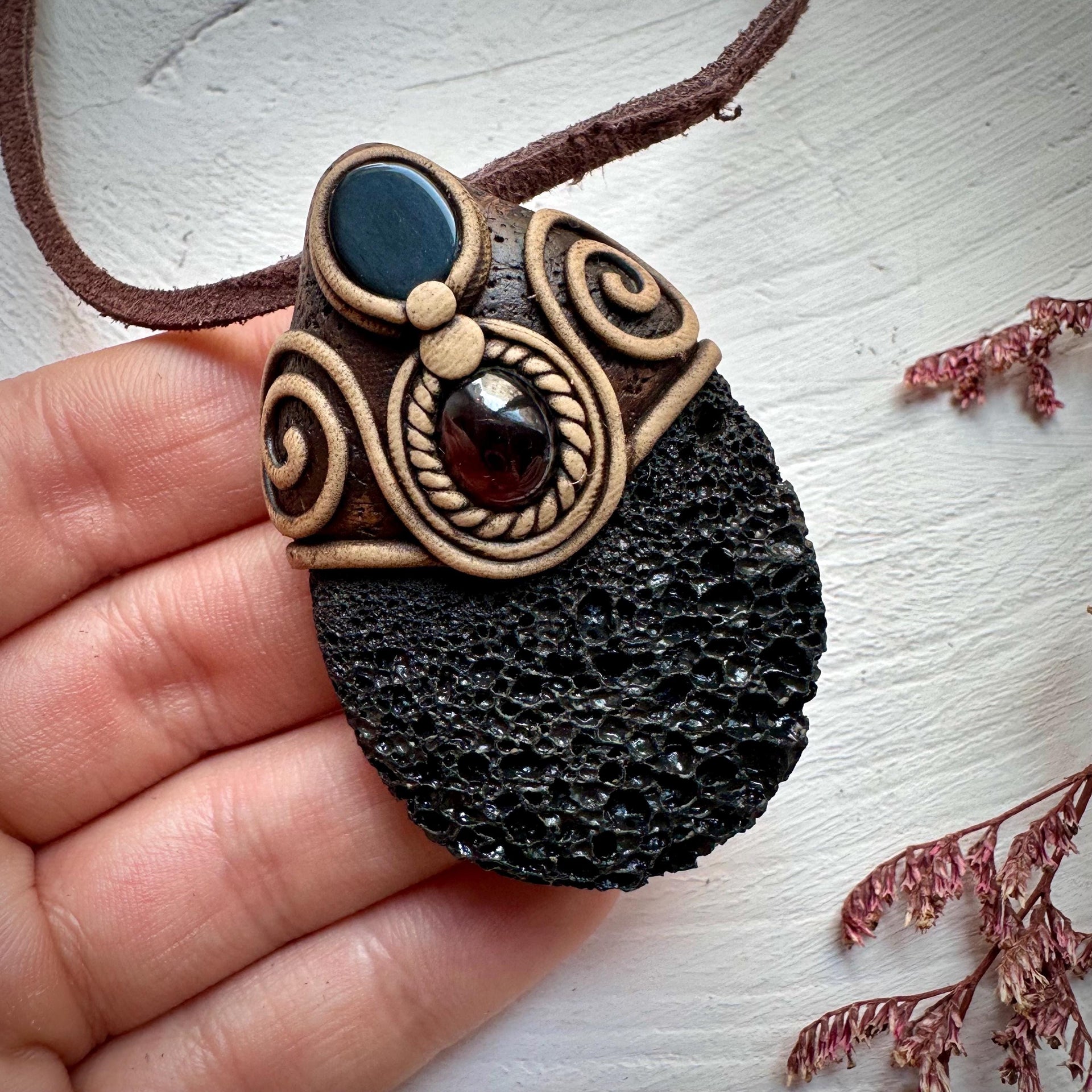 Lava Stone Black Onyx and Red Garnet Pendant Necklace - FairyGardenGlow