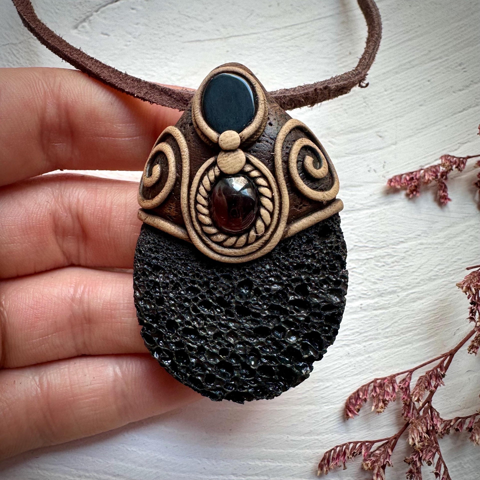 Lava Stone Black Onyx and Red Garnet Pendant Necklace - FairyGardenGlow