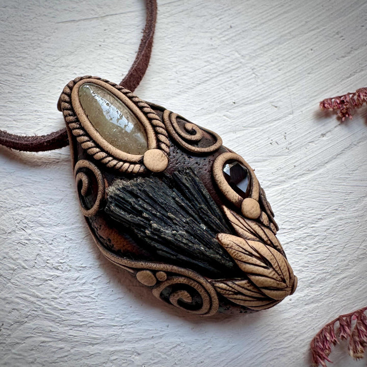Black Kyanite Green Kunzite and Smoky Quartz Pendant - FairyGardenGlow