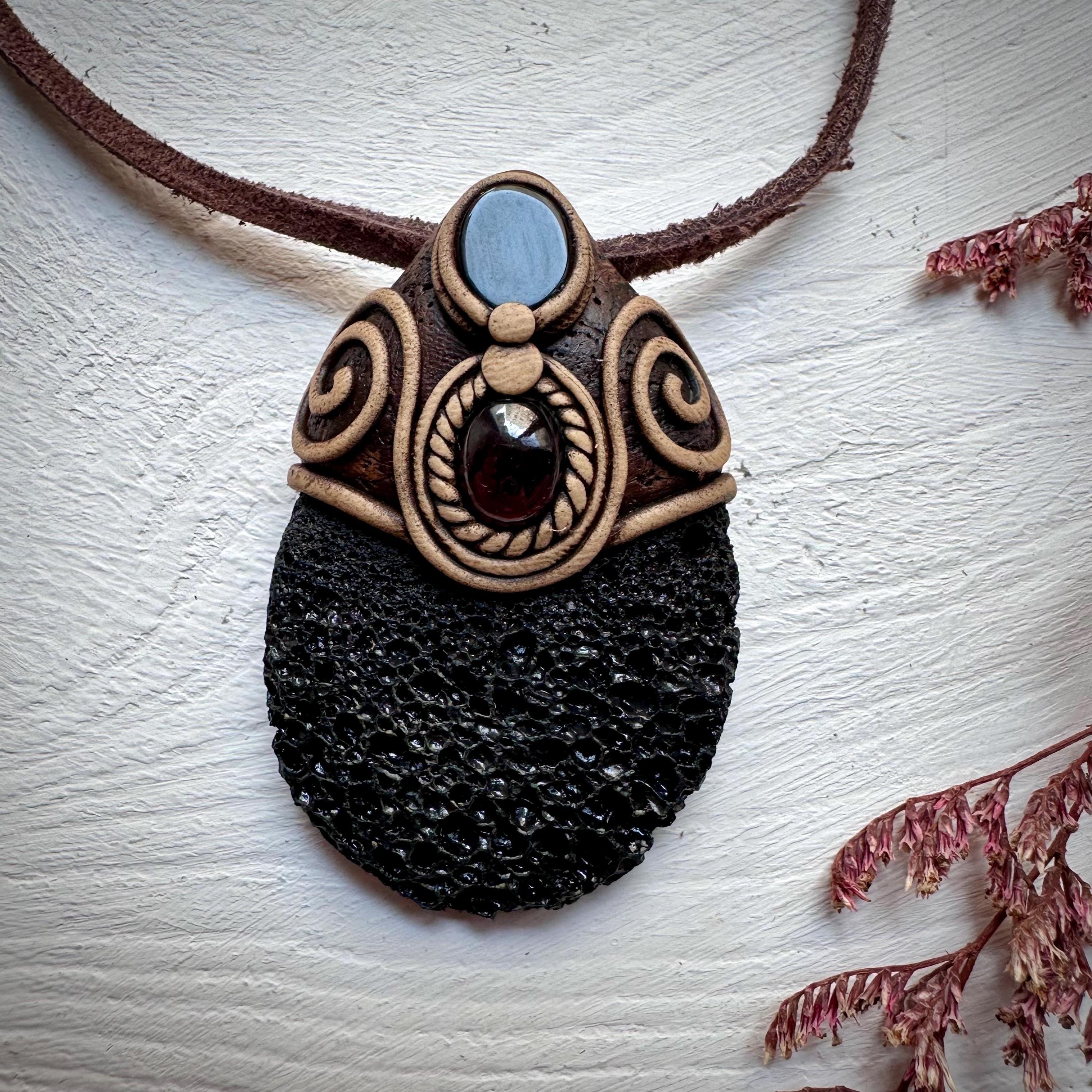 Lava Stone Black Onyx and Red Garnet Pendant Necklace - FairyGardenGlow