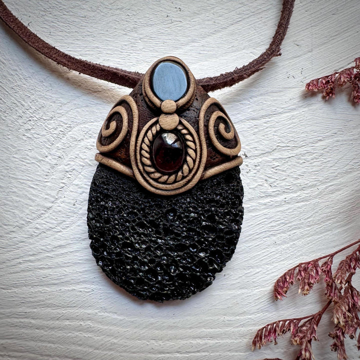 Lava Stone Black Onyx and Red Garnet Pendant Necklace - FairyGardenGlow