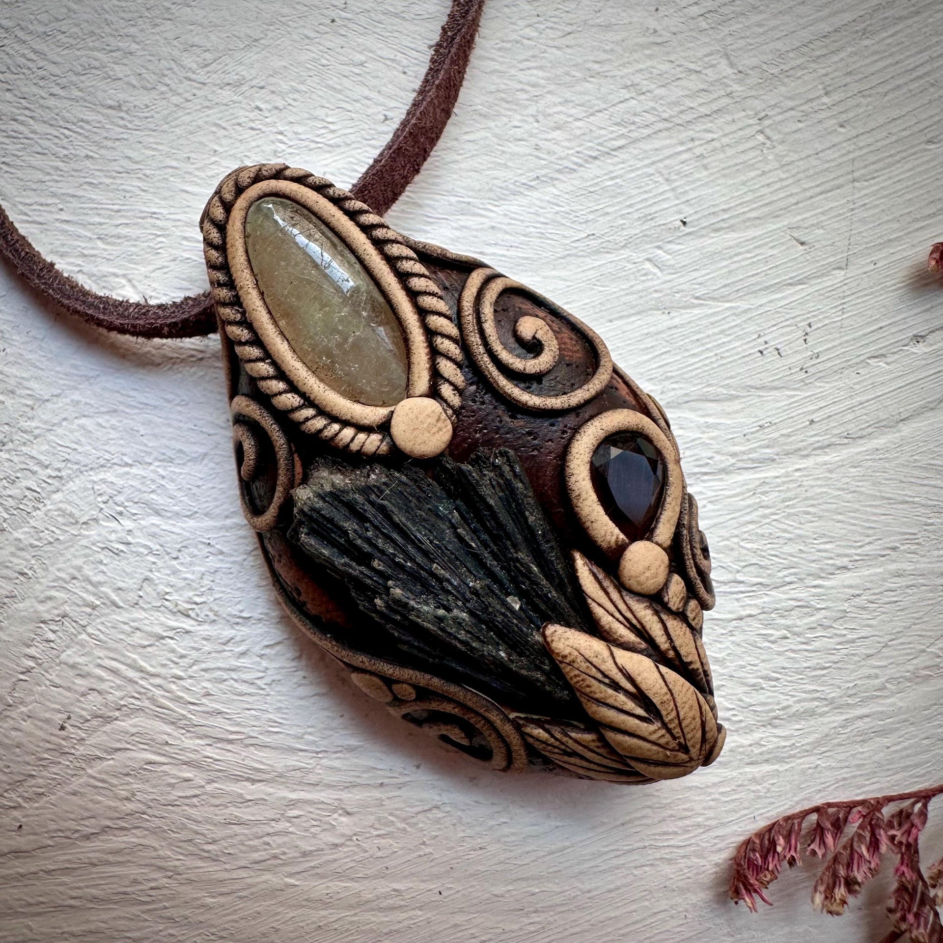 Black Kyanite Green Kunzite and Smoky Quartz Pendant - FairyGardenGlow