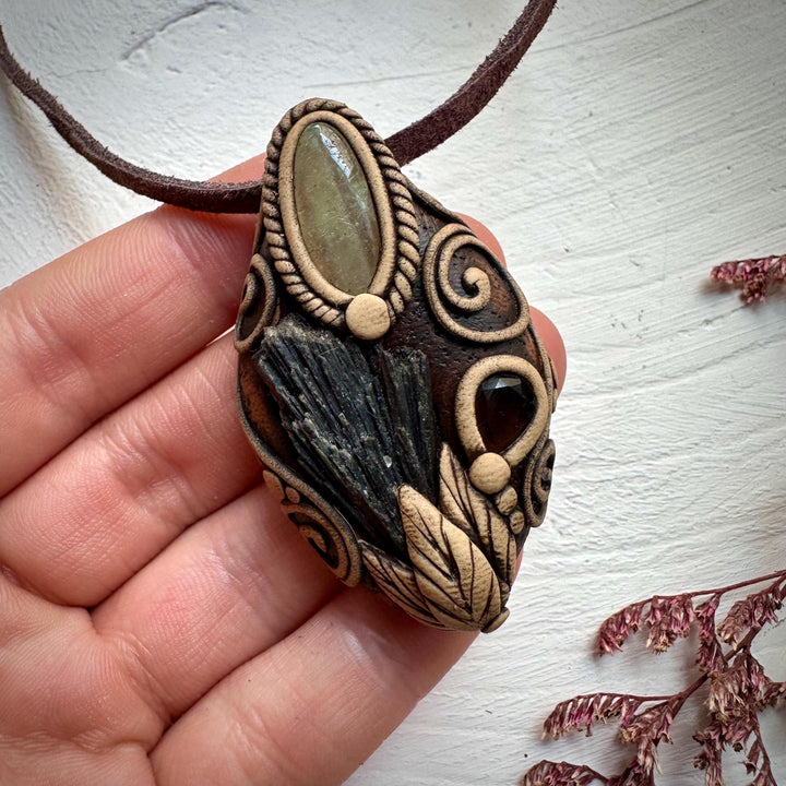Black Kyanite Green Kunzite and Smoky Quartz Pendant - FairyGardenGlow