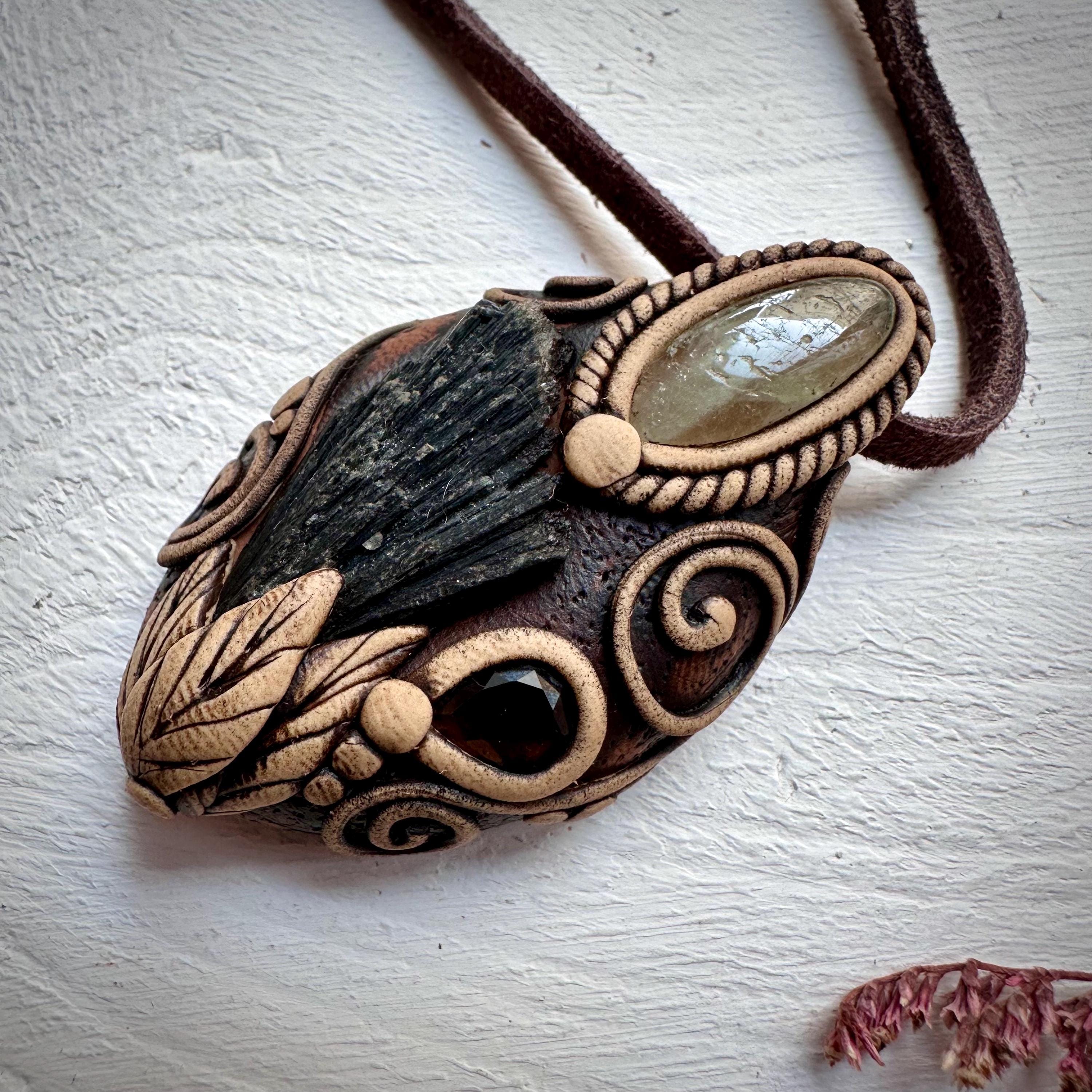 Black Kyanite Green Kunzite and Smoky Quartz Pendant - FairyGardenGlow