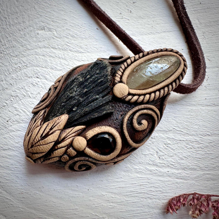 Black Kyanite Green Kunzite and Smoky Quartz Pendant - FairyGardenGlow