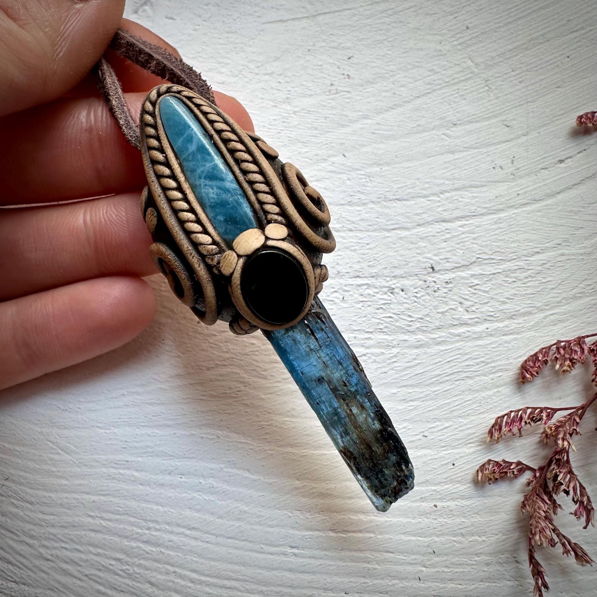 Blue Kyanite Aquamarine and Black Onyx Pendant Necklace - FairyGardenGlow