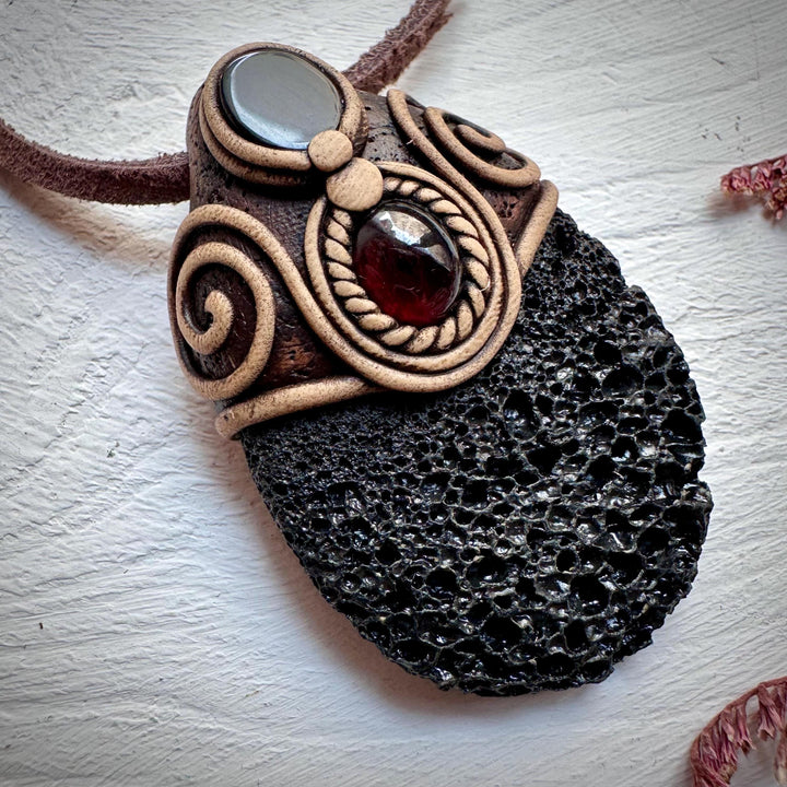 Lava Stone Black Onyx and Red Garnet Pendant Necklace - FairyGardenGlow