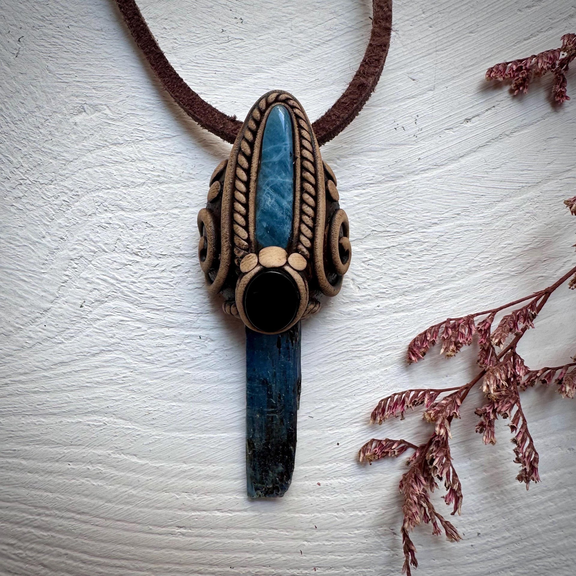 Blue Kyanite Aquamarine and Black Onyx Pendant Necklace - FairyGardenGlow