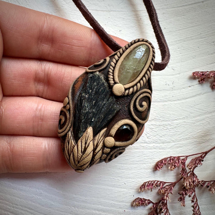 Black Kyanite Green Kunzite and Smoky Quartz Pendant - FairyGardenGlow