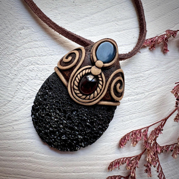 Lava Stone Black Onyx and Red Garnet Pendant Necklace - FairyGardenGlow