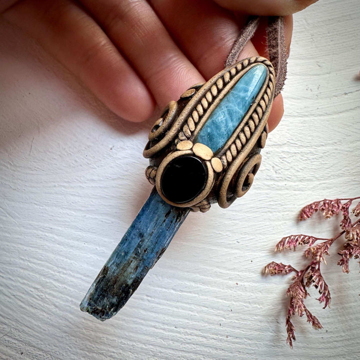 Blue Kyanite Aquamarine and Black Onyx Pendant Necklace - FairyGardenGlow