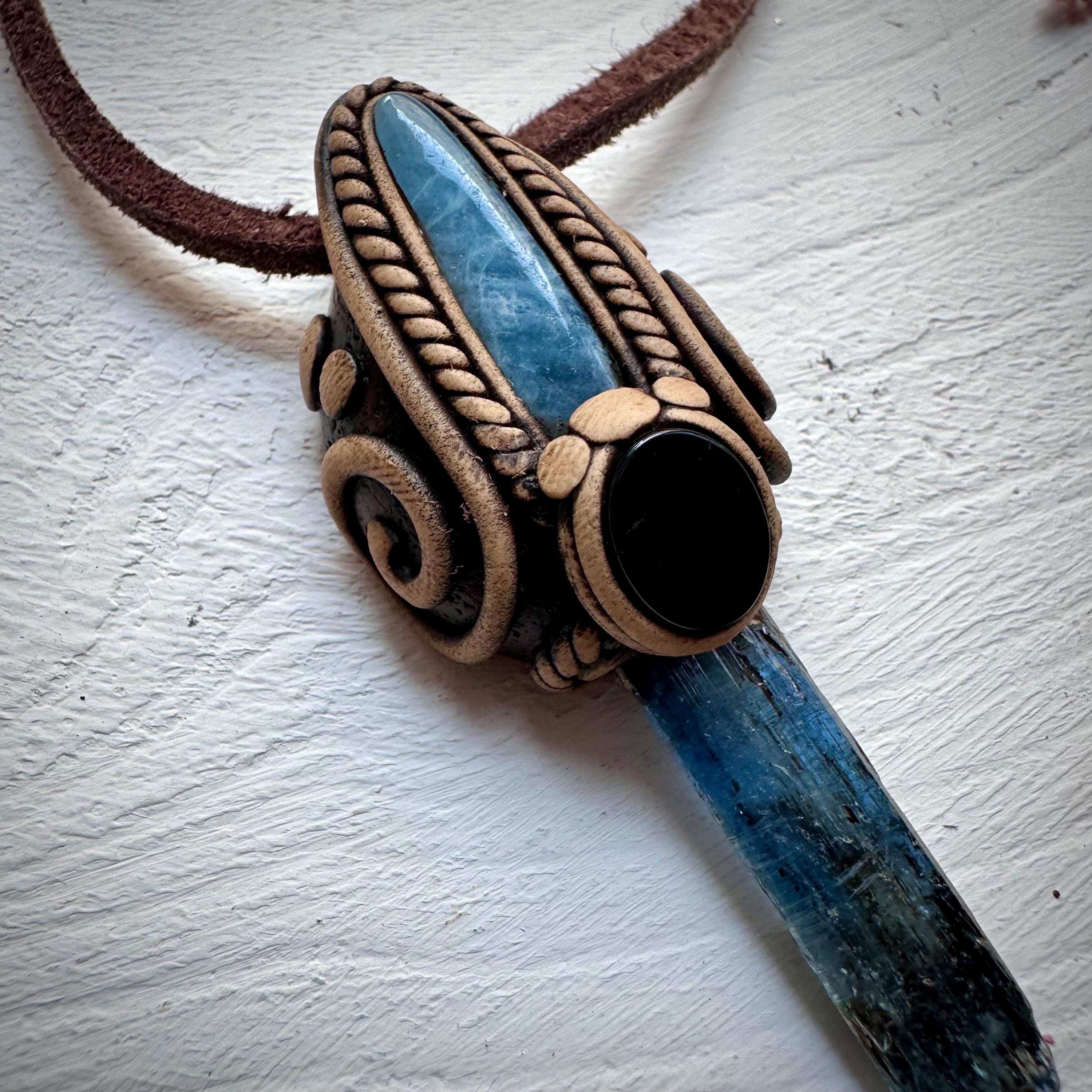 Blue Kyanite Aquamarine and Black Onyx Pendant Necklace - FairyGardenGlow