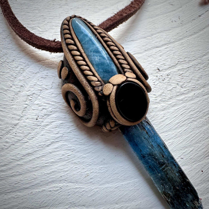 Blue Kyanite Aquamarine and Black Onyx Pendant Necklace - FairyGardenGlow