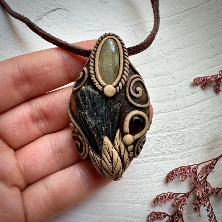Black Kyanite Green Kunzite and Smoky Quartz Pendant - FairyGardenGlow