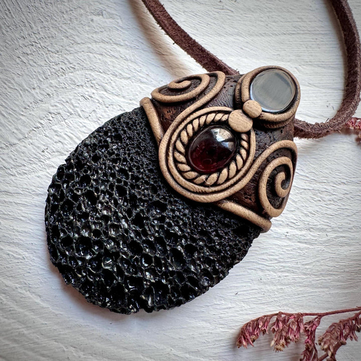 Lava Stone Black Onyx and Red Garnet Pendant Necklace - FairyGardenGlow