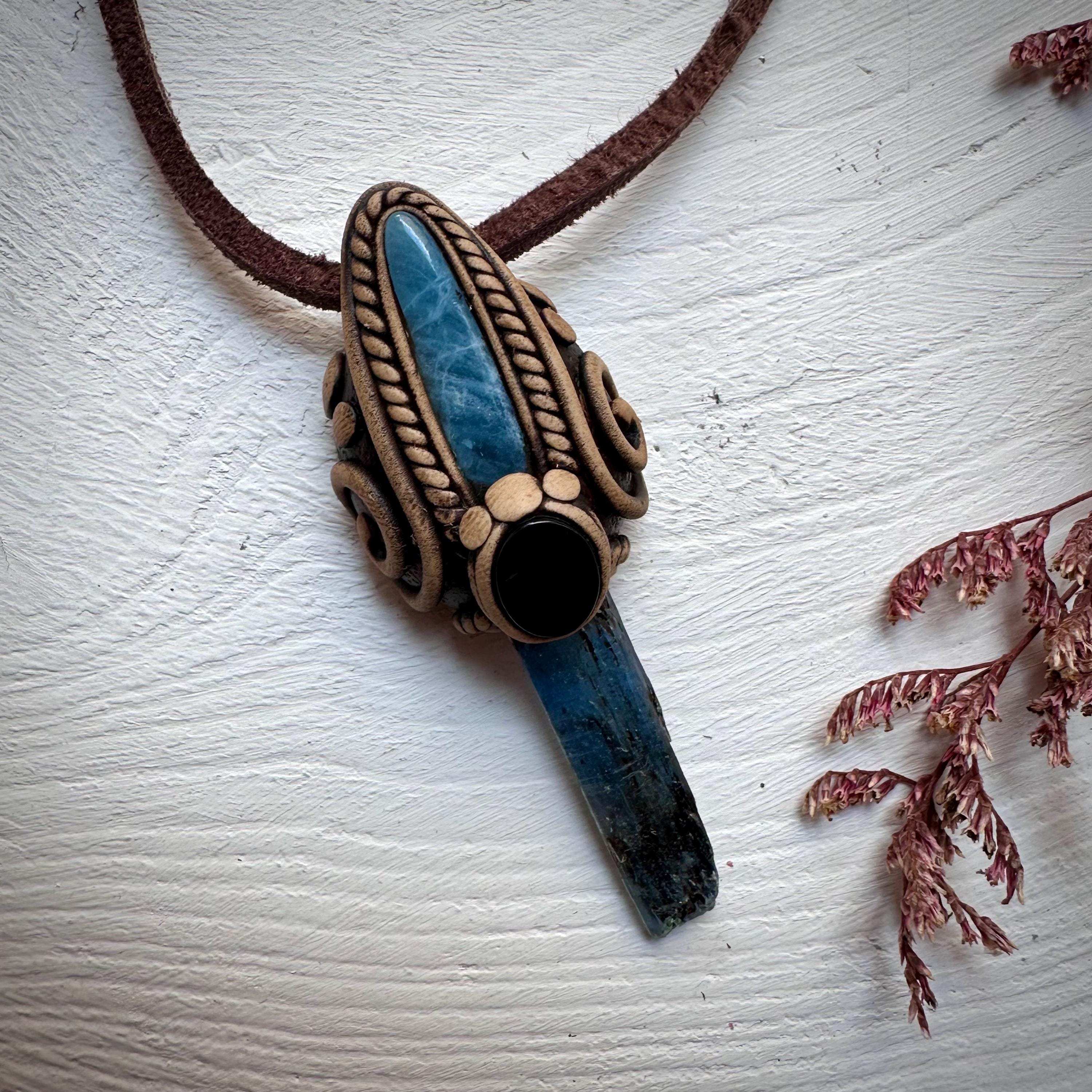 Blue Kyanite Aquamarine and Black Onyx Pendant Necklace - FairyGardenGlow