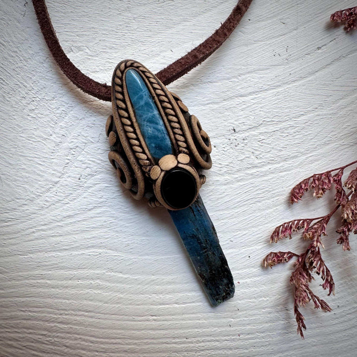 Blue Kyanite Aquamarine and Black Onyx Pendant Necklace - FairyGardenGlow