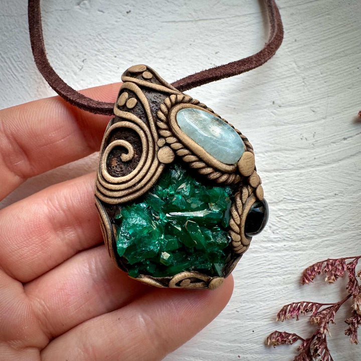 Dioptase Black Onyx and Aquamarine Necklace - FairyGardenGlow