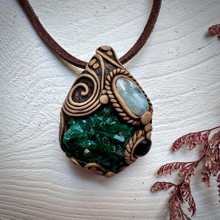 Dioptase Black Onyx and Aquamarine Necklace - FairyGardenGlow