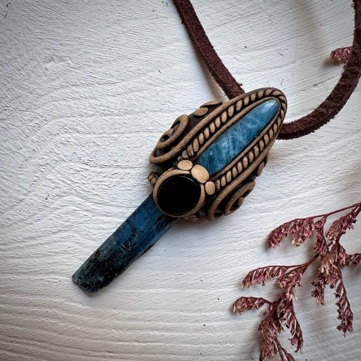 Blue Kyanite Aquamarine and Black Onyx Pendant Necklace - FairyGardenGlow