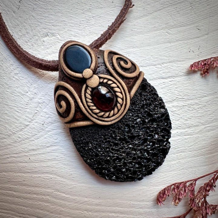 Lava Stone Black Onyx and Red Garnet Pendant Necklace - FairyGardenGlow