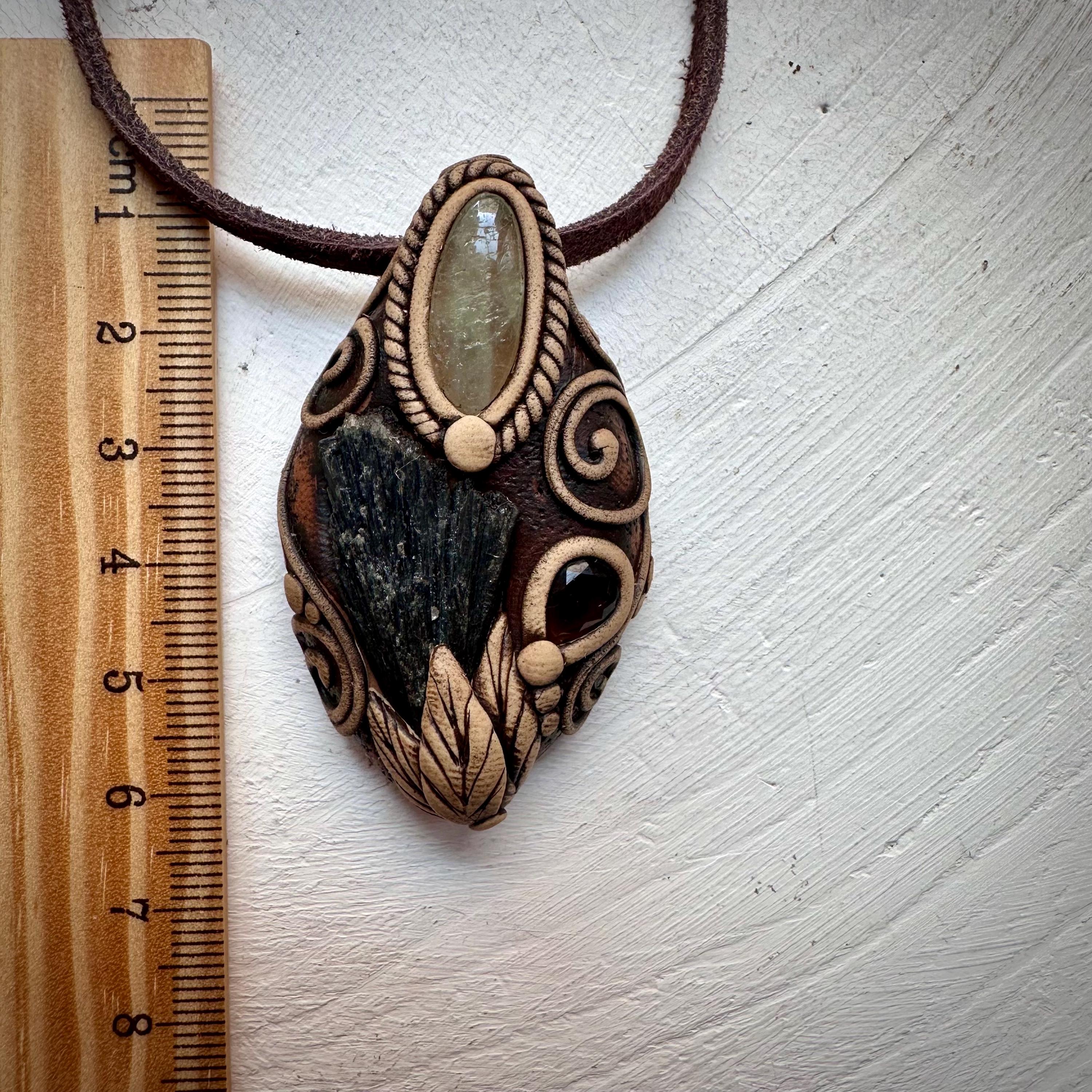 Black Kyanite Green Kunzite and Smoky Quartz Pendant - FairyGardenGlow