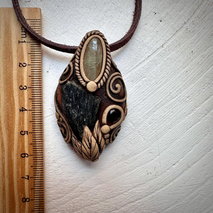 Black Kyanite Green Kunzite and Smoky Quartz Pendant - FairyGardenGlow