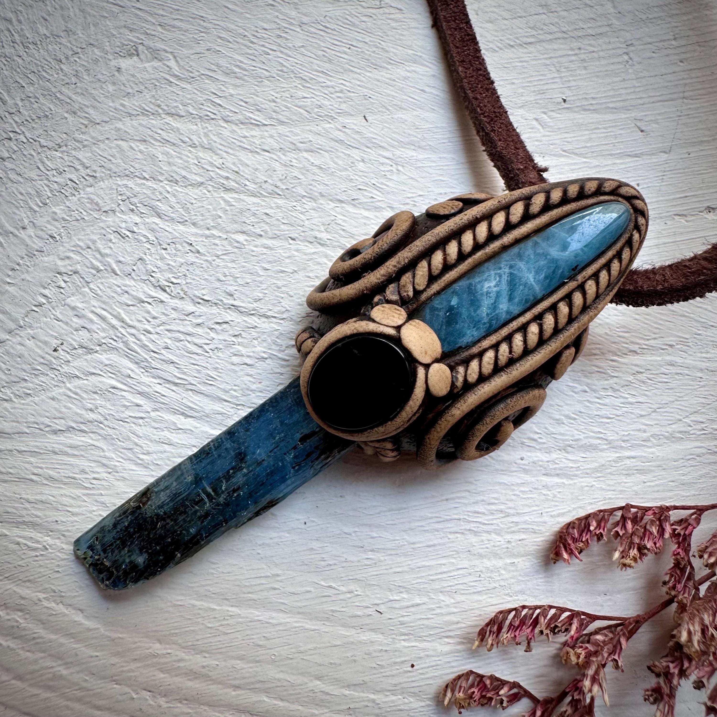 Blue Kyanite Aquamarine and Black Onyx Pendant Necklace - FairyGardenGlow