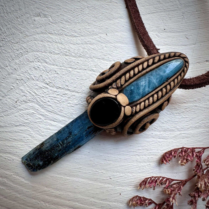 Blue Kyanite Aquamarine and Black Onyx Pendant Necklace - FairyGardenGlow