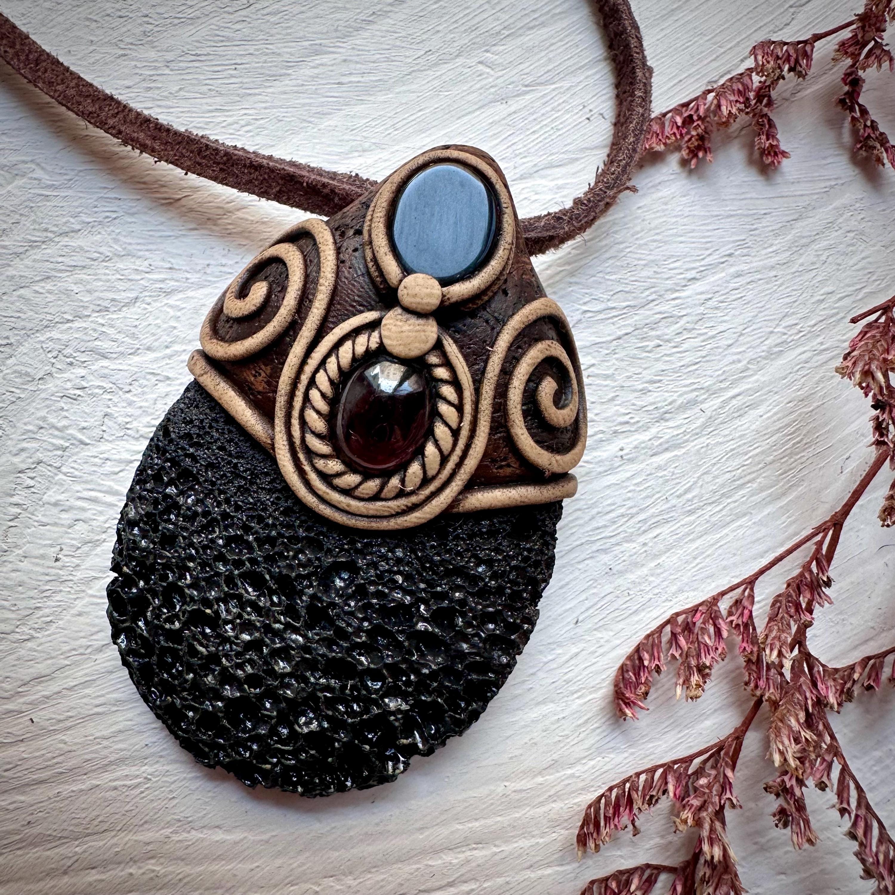 Lava Stone Black Onyx and Red Garnet Pendant Necklace - FairyGardenGlow