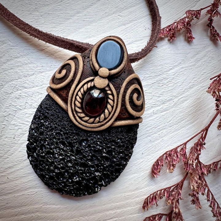 Lava Stone Black Onyx and Red Garnet Pendant Necklace - FairyGardenGlow