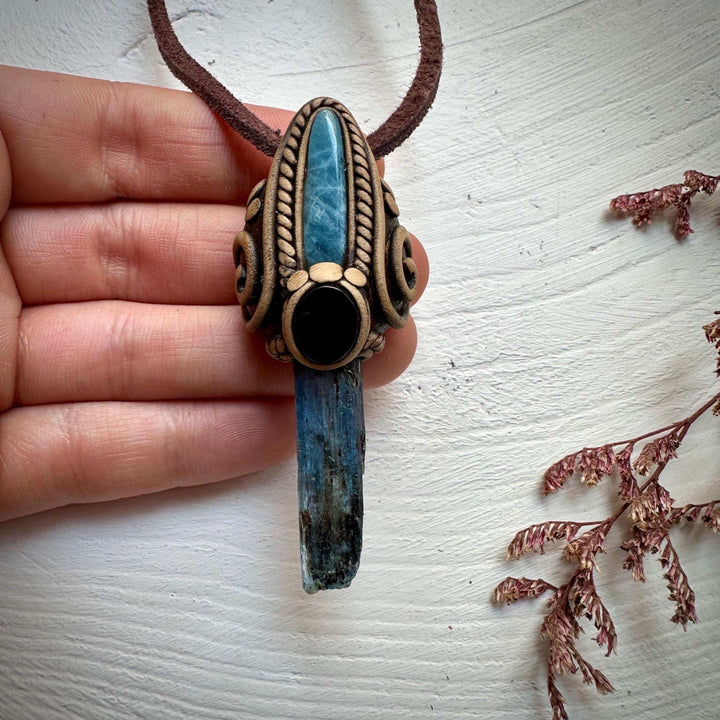 Blue Kyanite Aquamarine and Black Onyx Pendant Necklace - FairyGardenGlow