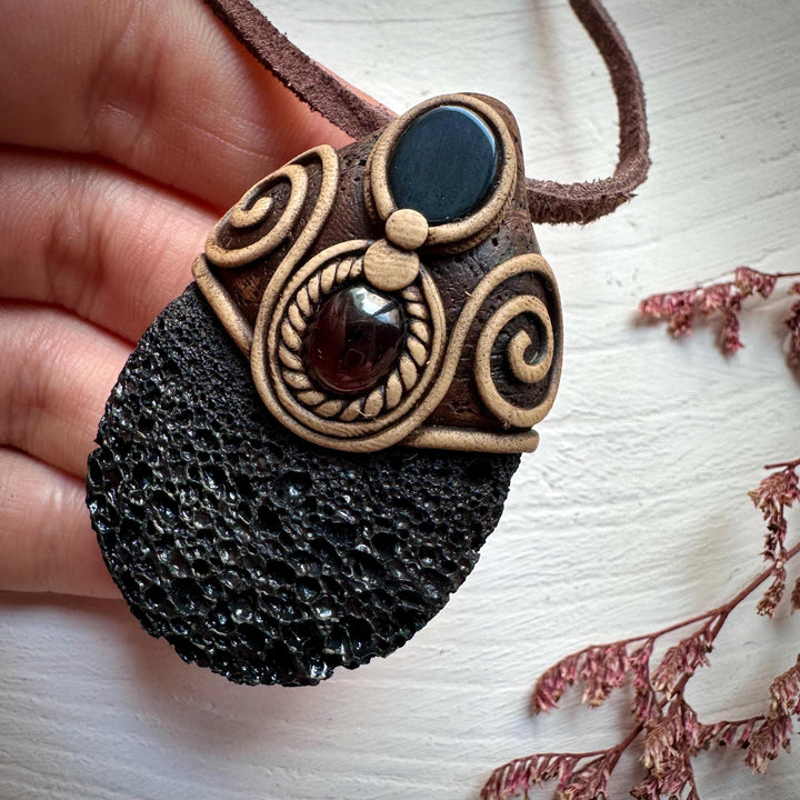 Lava Stone Black Onyx and Red Garnet Pendant Necklace - FairyGardenGlow