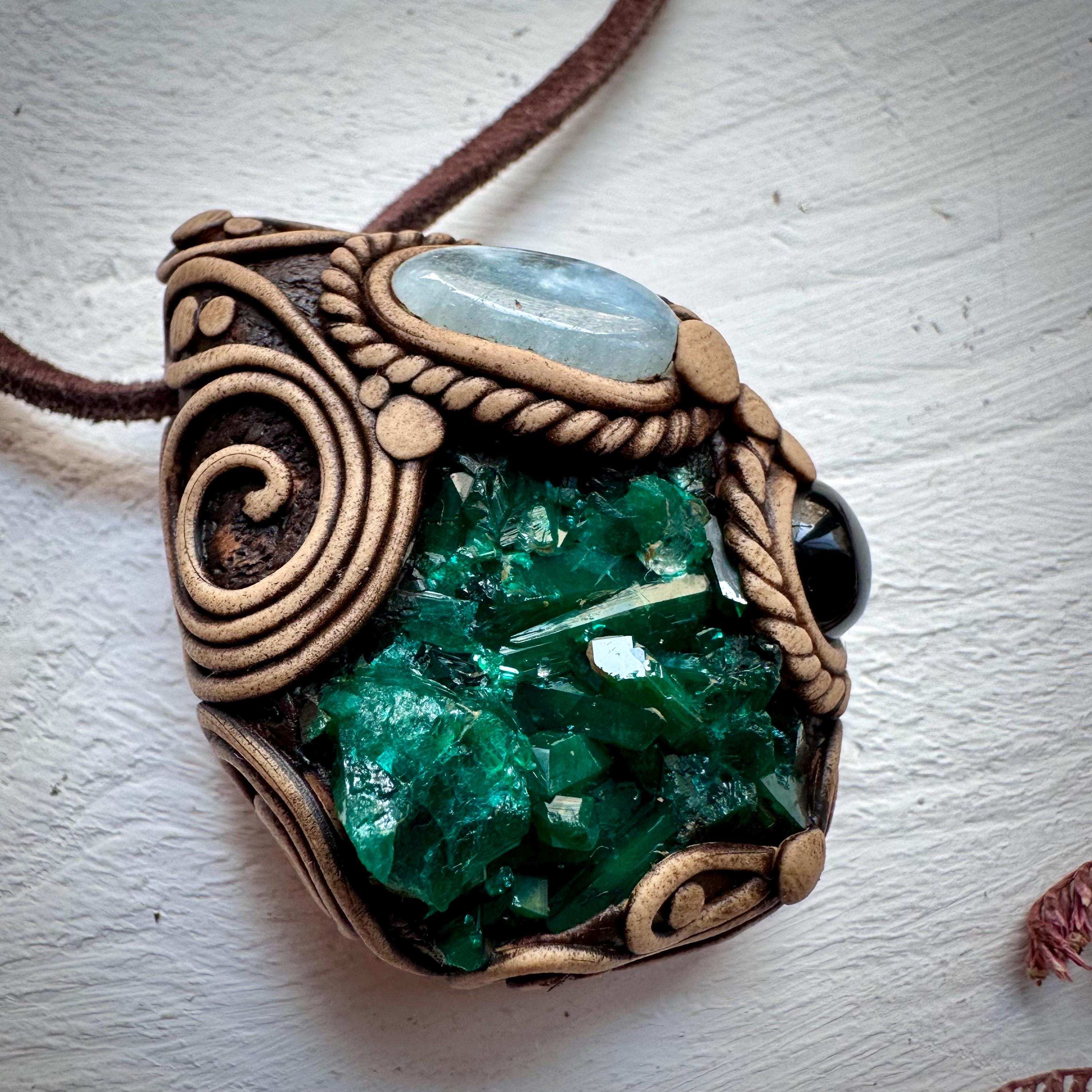 Dioptase Black Onyx and Aquamarine Necklace - FairyGardenGlow