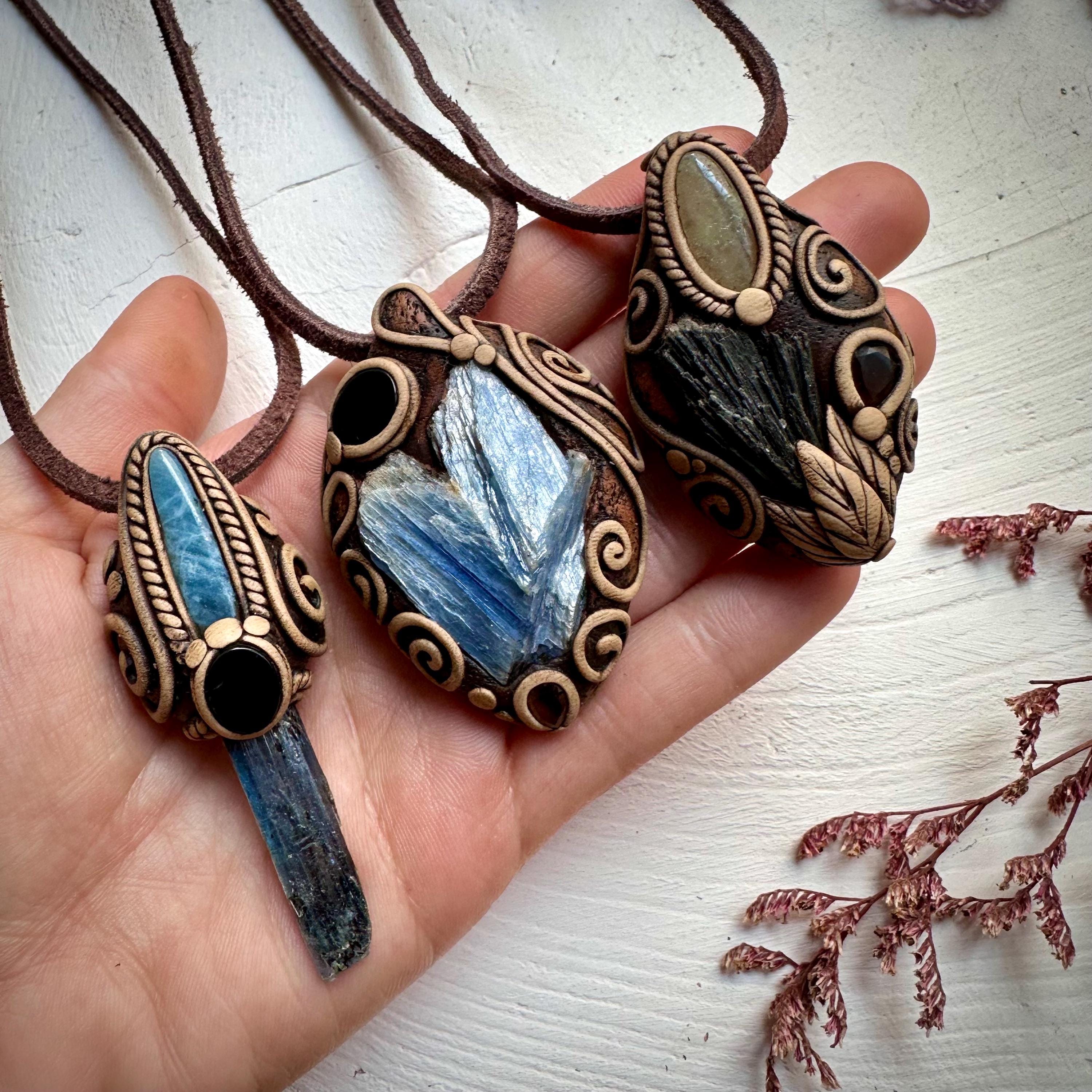 Black Kyanite Green Kunzite and Smoky Quartz Pendant - FairyGardenGlow