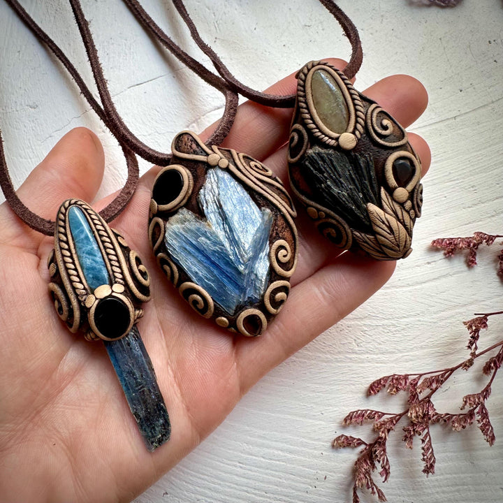 Black Kyanite Green Kunzite and Smoky Quartz Pendant - FairyGardenGlow