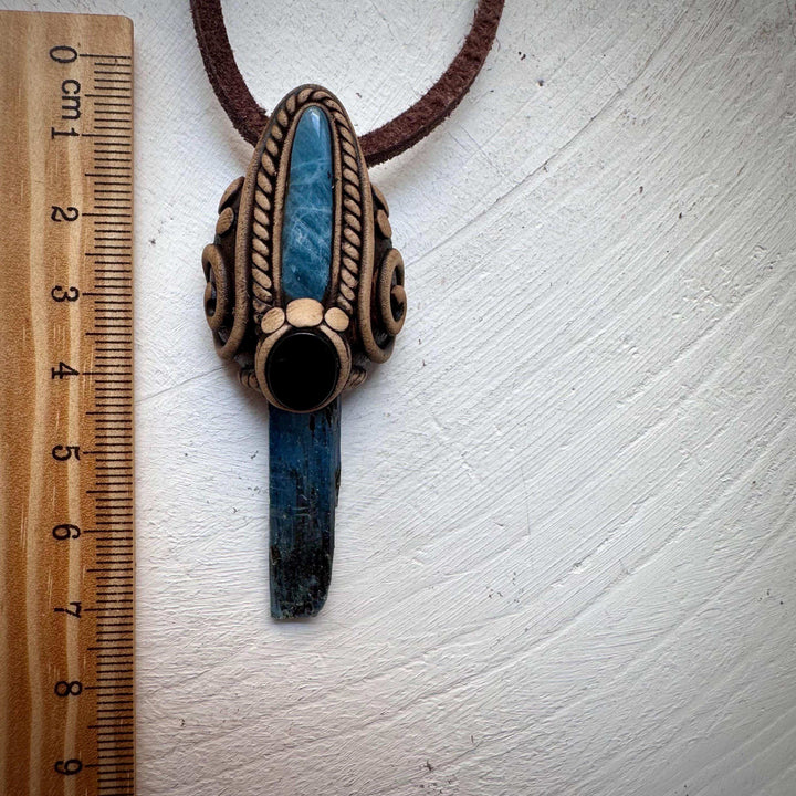 Blue Kyanite Aquamarine and Black Onyx Pendant Necklace - FairyGardenGlow