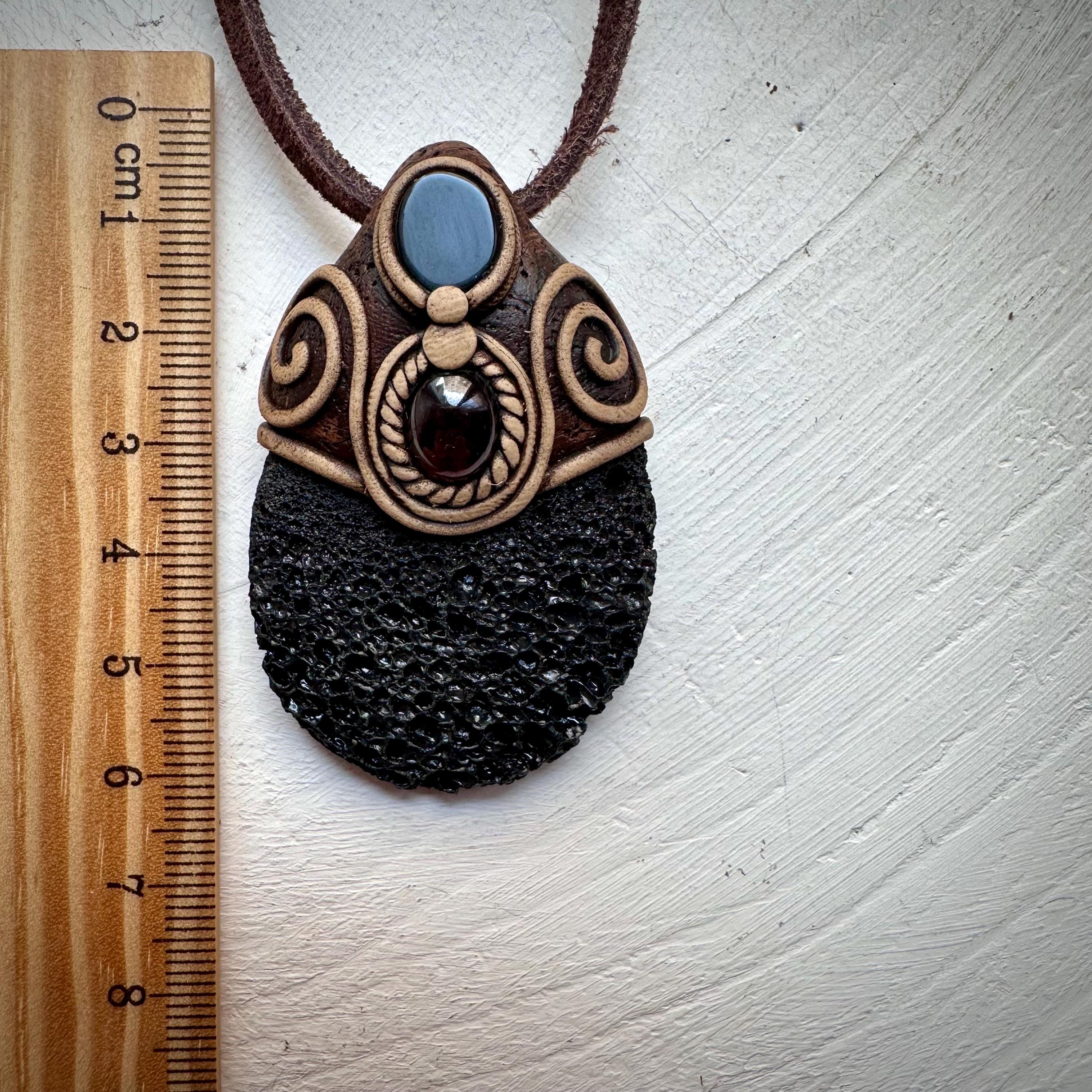 Lava Stone Black Onyx and Red Garnet Pendant Necklace - FairyGardenGlow