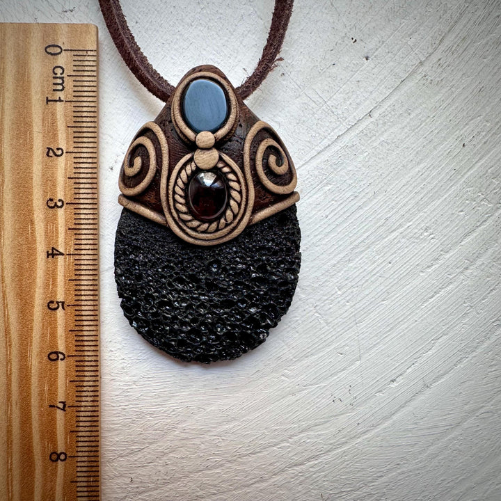 Lava Stone Black Onyx and Red Garnet Pendant Necklace - FairyGardenGlow