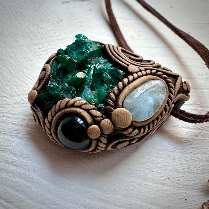 Dioptase Black Onyx and Aquamarine Necklace - FairyGardenGlow