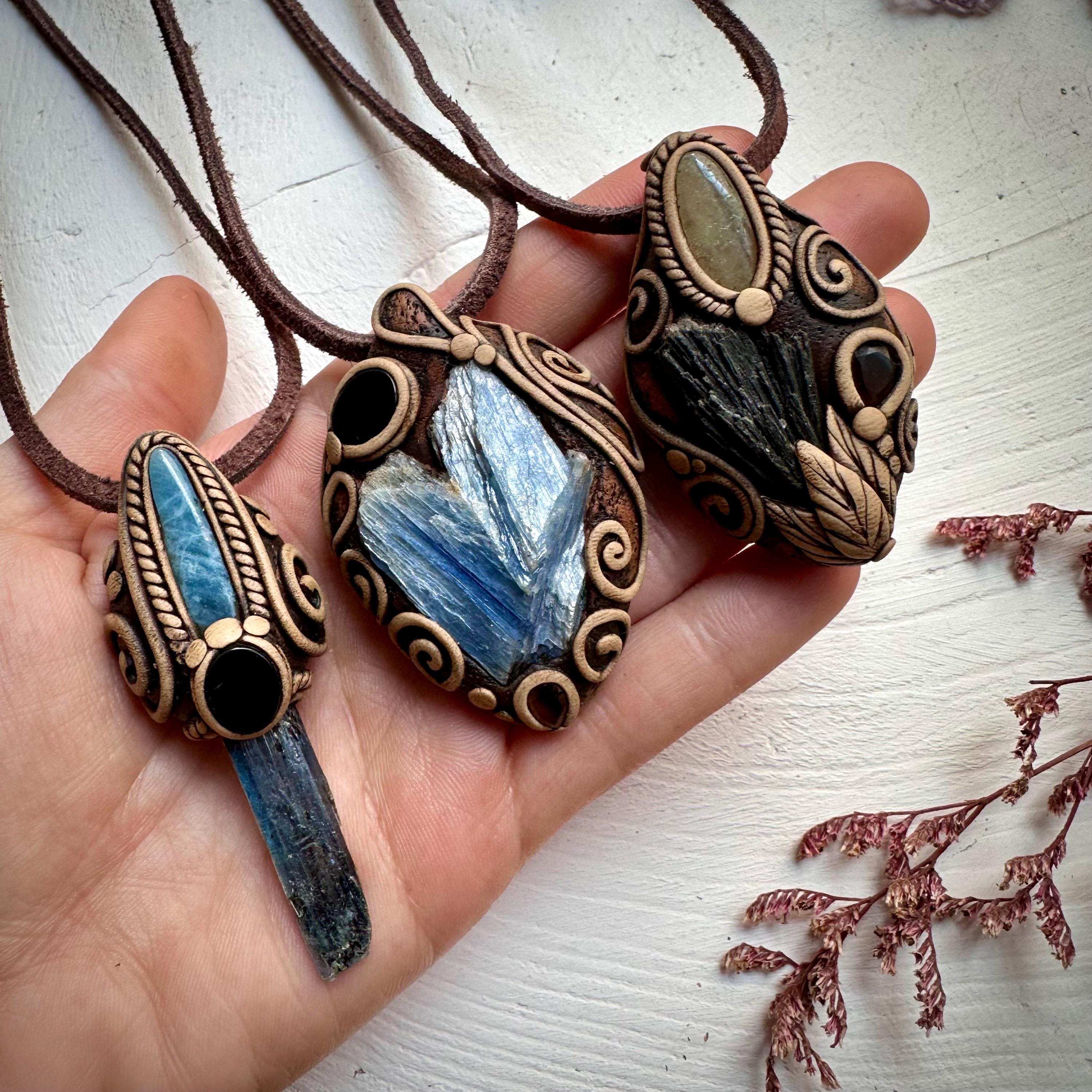 Blue Kyanite Aquamarine and Black Onyx Pendant Necklace - FairyGardenGlow