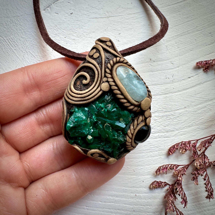 Dioptase Black Onyx and Aquamarine Necklace - FairyGardenGlow